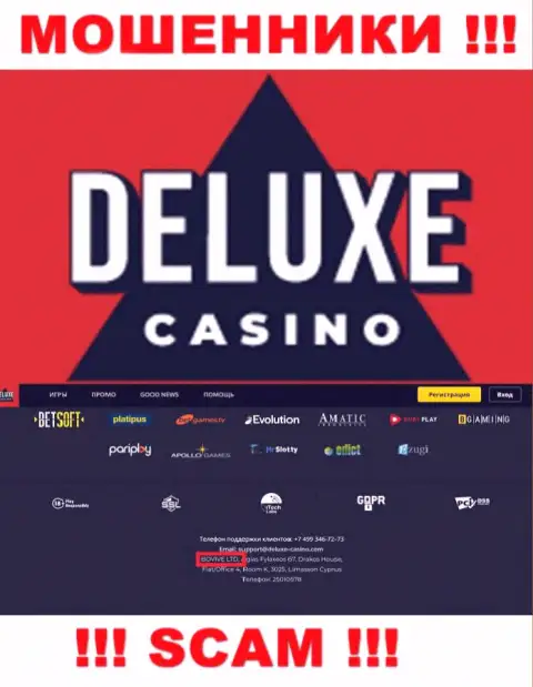 Данные о юридическом лице Deluxe Casino у них на официальном интернет-ресурсе имеются - это BOVIVE LTD