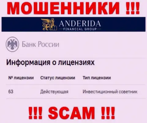 Anderida заявляют, что имеют лицензионный документ от Центрального Банка России (информация с сайта аферистов)