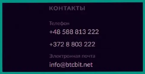 Телефон и Е-майл интернет-обменки BTCBit