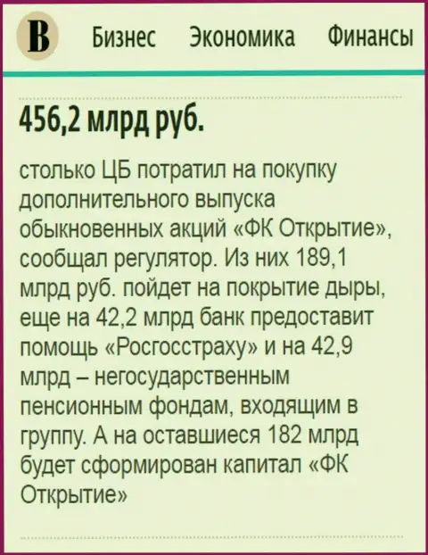Как написано в ежедневном издании Ведомости, почти 0.5 триллиона рублей потрачено на спасение финансового холдинга Открытие