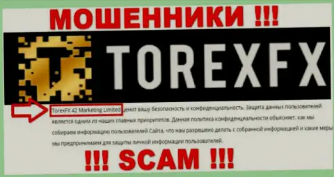 Юридическое лицо, которое владеет internet жуликами TorexFX - это Торекс ФХ 42 Маркетинг Лтд